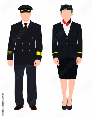 Flight attendant and a pilot on isolated white background. A pilot with stewardess in uniform. Cabin Crew with a Captain. 