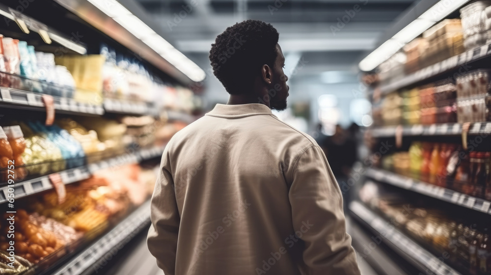 Young black man are shopping in supermarket, Buying groceries and food products.