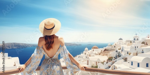 Woman Overlooking Santorini Seascape: Luxury European Vacation. Generative ai
