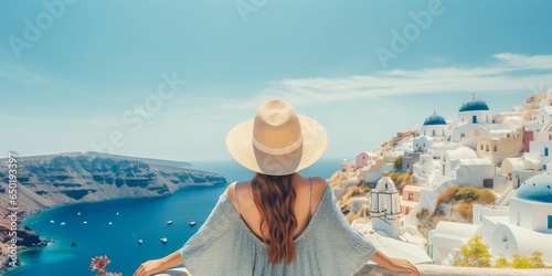Woman Overlooking Santorini Seascape: Luxury European Vacation. Generative ai