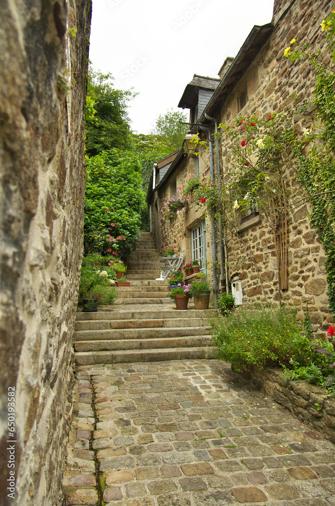 Vieilles maison rue du Jerzual dans le centre historique de Dinan donnant accès au port.