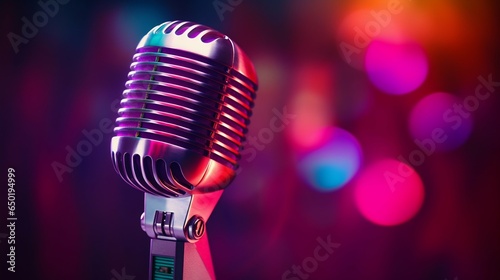 Microphone Against Purple Backdrop with Dark Cyan and Orange Lights. Generative ai