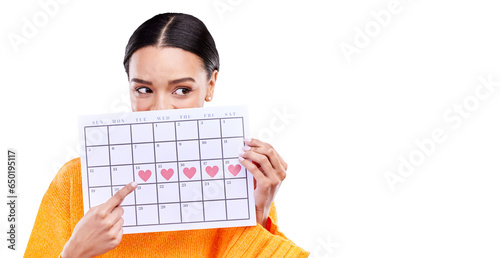 Heart, calendar and woman hand pointing to period schedule on isolated, transparent or png background. Menstruation, reminder paper or lady show cycle banner or ovulation or family planning poster photo