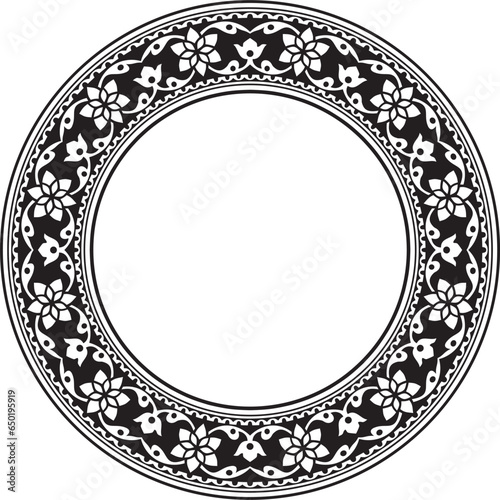Vector round monochrome black Indian national ornament. Ethnic plant circle, border. Frame, flower ring. Poppies and leaves..