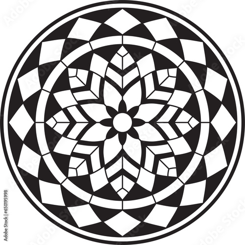 Vector black monochrome round pattern. Mosaic circle, geometric ornament. Sketchy flower.