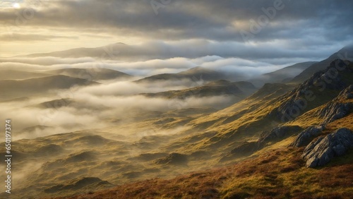 hills of the Scotland highlands, misty fog.
