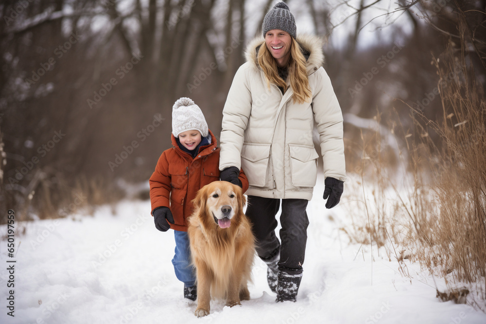 A snowy family adventure: walking their golden retriever in the winter wilderness