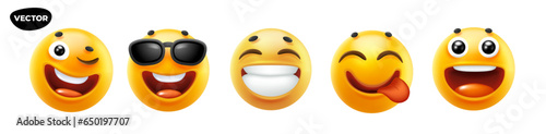 3d vector style design of funny set of emoji with tongue, sunglasses, wink, laugh and smile for social media. Vector cool collection of illustration of happy fun yellow emoticon with different emotion