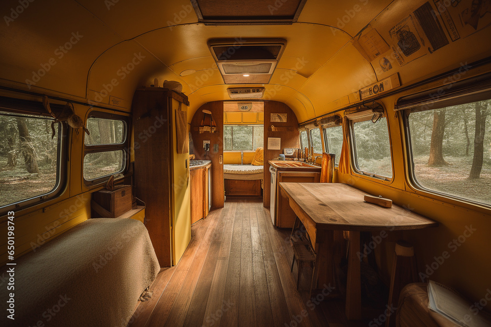 Fancy motorhome in forest. Dark yellow color palette. Aesthetic Centered perspective. Interior Design