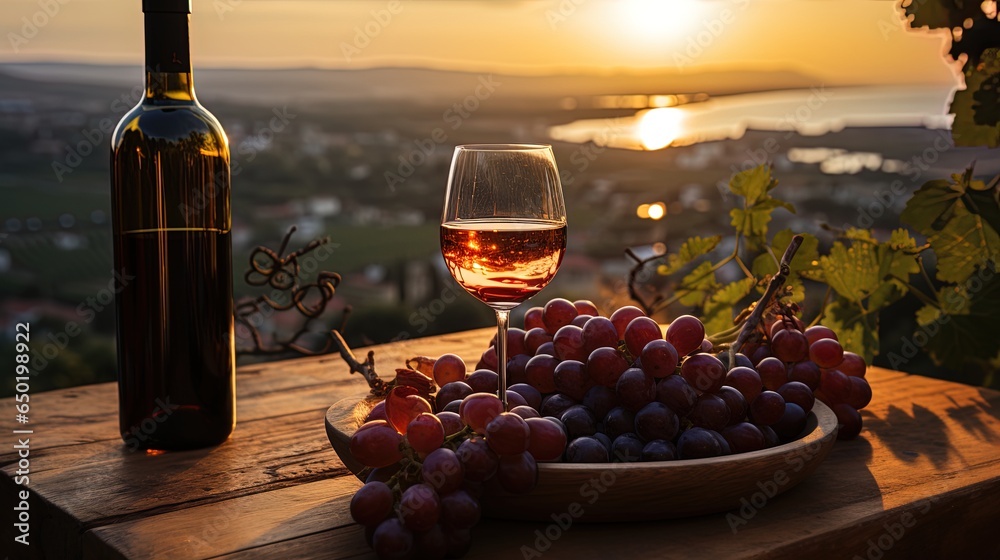 romantic intimate moment at sunset with glasses of red wine in a vineyard, with bottle and grapes
