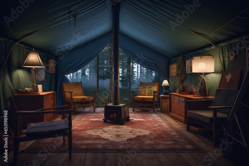 Fancy camping tent. Dark blue color palette. Aesthetic Centered perspective. Interior Design © MadSwordfish