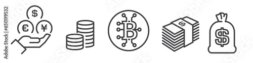 Set of money concept and Cryptocurrency line icons on white background