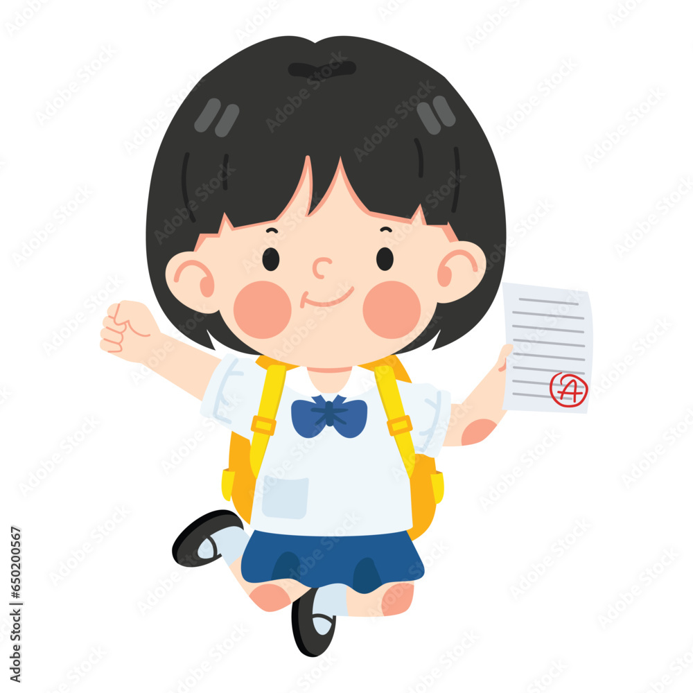 Kid girl student jump and feel happy because get good grade from exam Kid girl student jump and feel happy because get good grade from exam