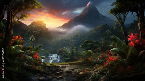 Fototapeta Naklejka Na Ścianę i Meble -  Forest landscape with Volcano and jungle plants.
