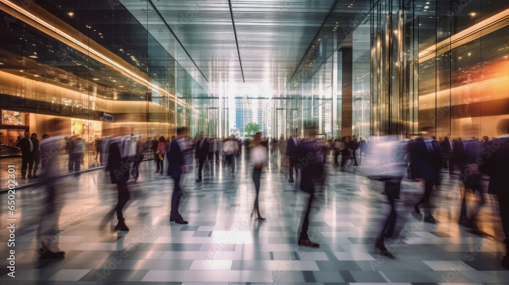 A crowd of people walking in the office lobby with a blurry effect A crowd of people walking in the office lobby with a blurry effect