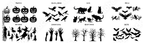 big Set of halloween silhouettes black icon and character. witch, bat, pumpkin owl, cat, dried scary tree, jack o'lantern. Vector illustration