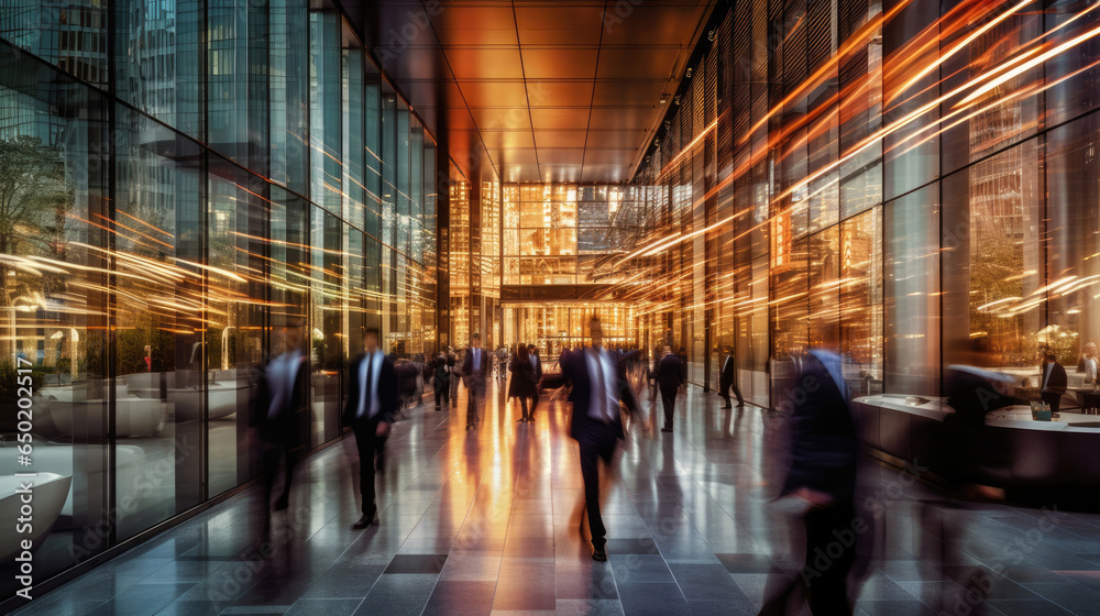 A crowd of people walking in the office lobby with a blurry effect A crowd of people walking in the office lobby with a blurry effect