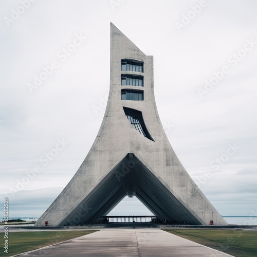 Gray concrete building in modernist architecture style, sail shapes