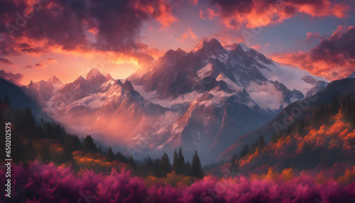 Majestic mountain peaks against a vivid and colorful sunset