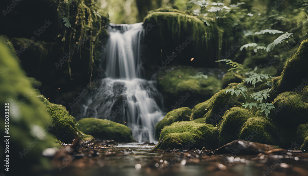 Cascading waterfall surrounded by mossy rocks and vibrant ferns Cascading waterfall surrounded by mossy rocks and vibrant ferns