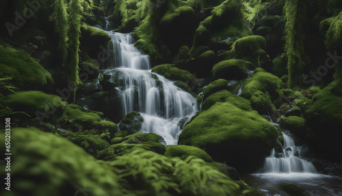 A serene waterfall nestled among mossy rocks and lush ferns