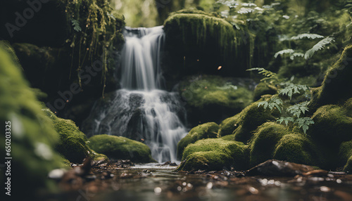 Cascading waterfall surrounded by mossy rocks and vibrant ferns