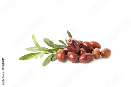 Delicious red olives isolated on white background. Marinated olives in a bowl. Delicious olives. Close-up. Vegan.