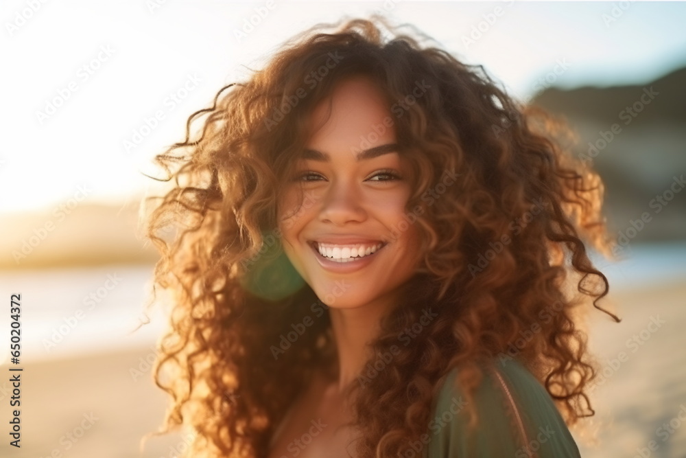 Fototapeta premium Smiling young brunette woman on the beach