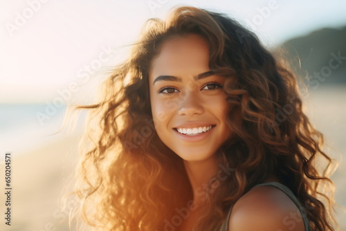Smiling young brunette woman on the beach © Canvas Alchemy