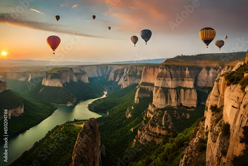  air balloons flying over the Botan Canyon in TURKEY stock photo