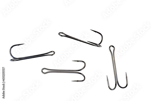 Hooks for professional spinning fishers isolated on white. photo