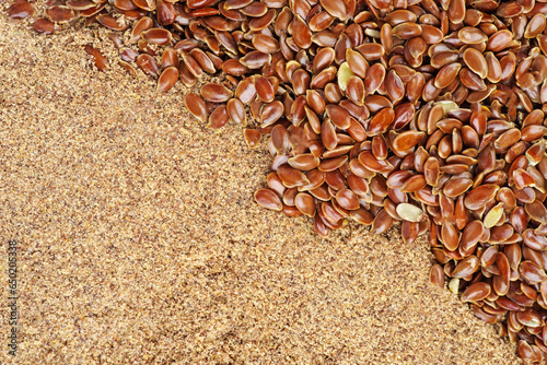 Raw flax seeds and flour. Healthy food concept.food background