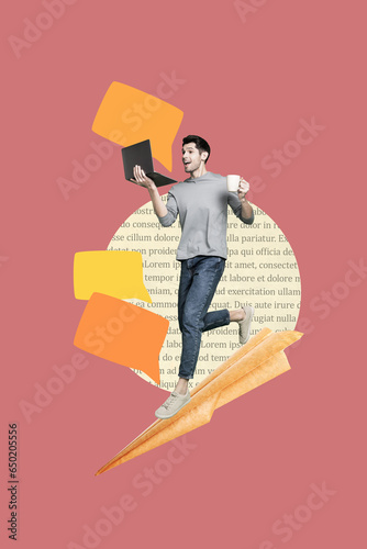 Funny young guy workaholic collage demonstrate hardworking man hold netbook answer all partners dialogue isolated on pink drawn background photo