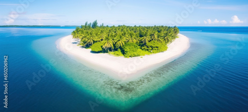 Island in the ocean with heart-shaped Green palm trees, top view, Tropical on the Travel beach, Untouched white sand calm sea bay sunny blue sky, Exotic paradise, Romantic love destination