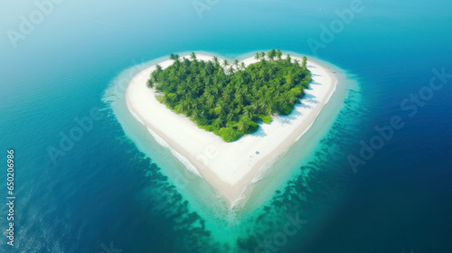 Island in the ocean with heart-shaped Green palm trees, top view, Tropical on the Travel beach, Untouched white sand calm sea bay sunny blue sky, Exotic paradise, Romantic love destination