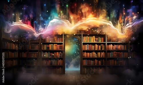 beautiful bookshelf background with colorful light splashes, Generative Ai photo