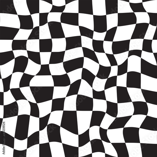 Monochrome checkered seamless pattern. 90s y2k optical illusion grid background. Distorted trippy checkerboard texture. Psychedelic geometric squares