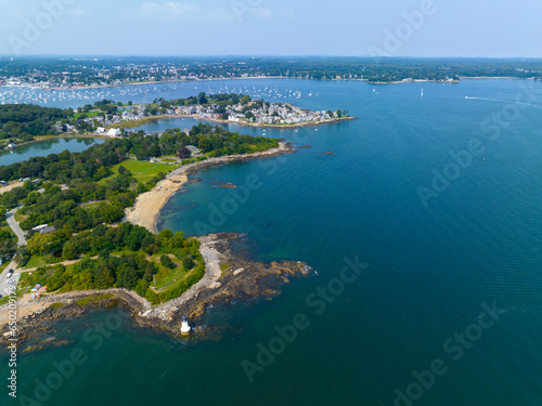 Winter Island Lighthouse and Waikiki Beach aerial view on Winter Island in summer at Salem Harbor in city of Salem, Massachusetts MA, USA. 