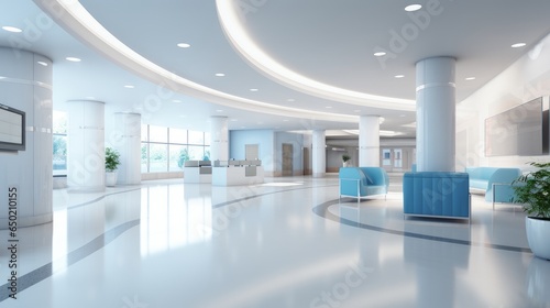 The interior of a hall in a modern building or hospital is white and filled with light.