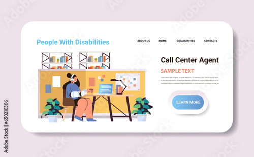 disabled woman call center agent with replaced robotic arm working on laptop chatting with clients customer service people with disabilities