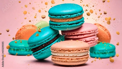 Close-up of macarons cakes of different colors. Generated with AI