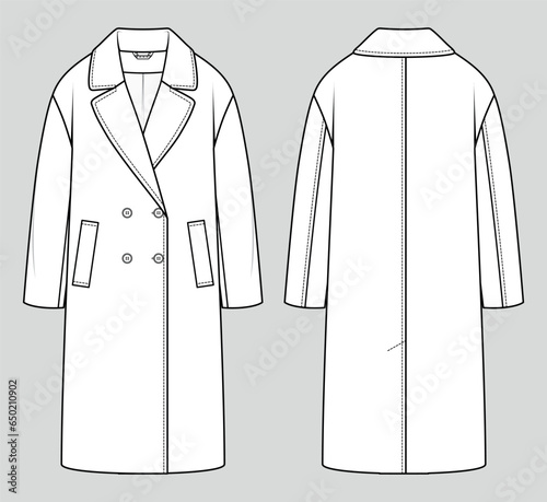 Oversized coat with dropped shoulder. Fashion sketch. Flat technical drawing. Vector illustration.