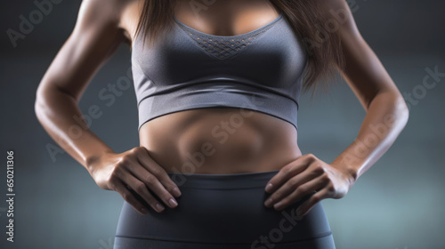 Close-up view of a woman's waist in sports clothing