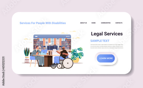 disabled man a in wheelchair discussing with lawyer or judge consultant legal services people with disabilities concept