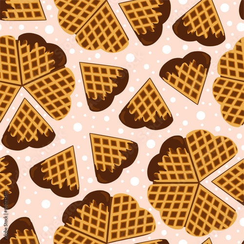 Valentines day sweet lunch. Seamless pattern. Hearts shape pastry. Sweet cookies. Love day. Tasty homemade waffles.