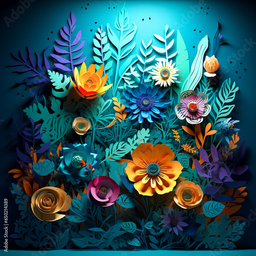 Beautiful colorful paper flowers background, generative AI.