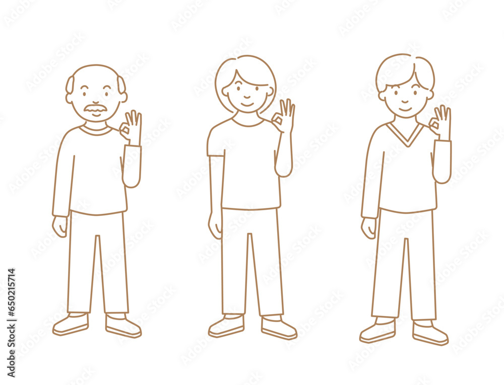 Set of people (elderly man, young woman, young man) with ok gesture in line art style. Set of people (elderly man, young woman, young man) with ok gesture in line art style.