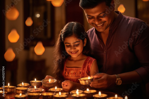 Indian man with his little girl celebrating diwali festival.