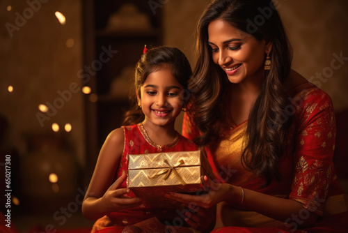 Indian woman giving gift to her daughter and celebrating diwali festival.