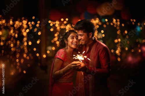 indian couple holding sparkle or fulzadi in hand and celebrating diwali. photo